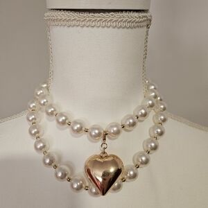 Source Unknown White Pearl Double Strand Necklace with Gold Heart Pendant